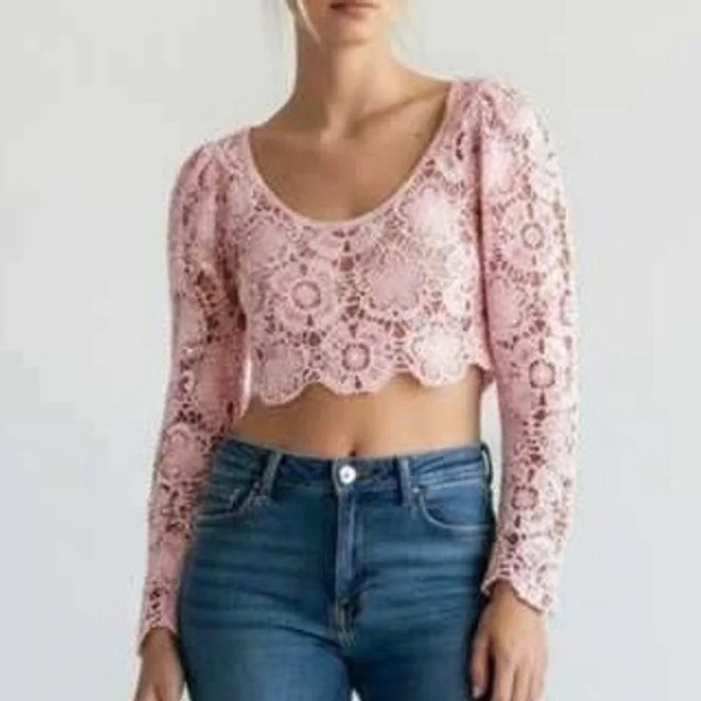 Zara Crochet Floral Lace Long Sleeve Crop Top Womens S Pink Fairy Boho Cottage